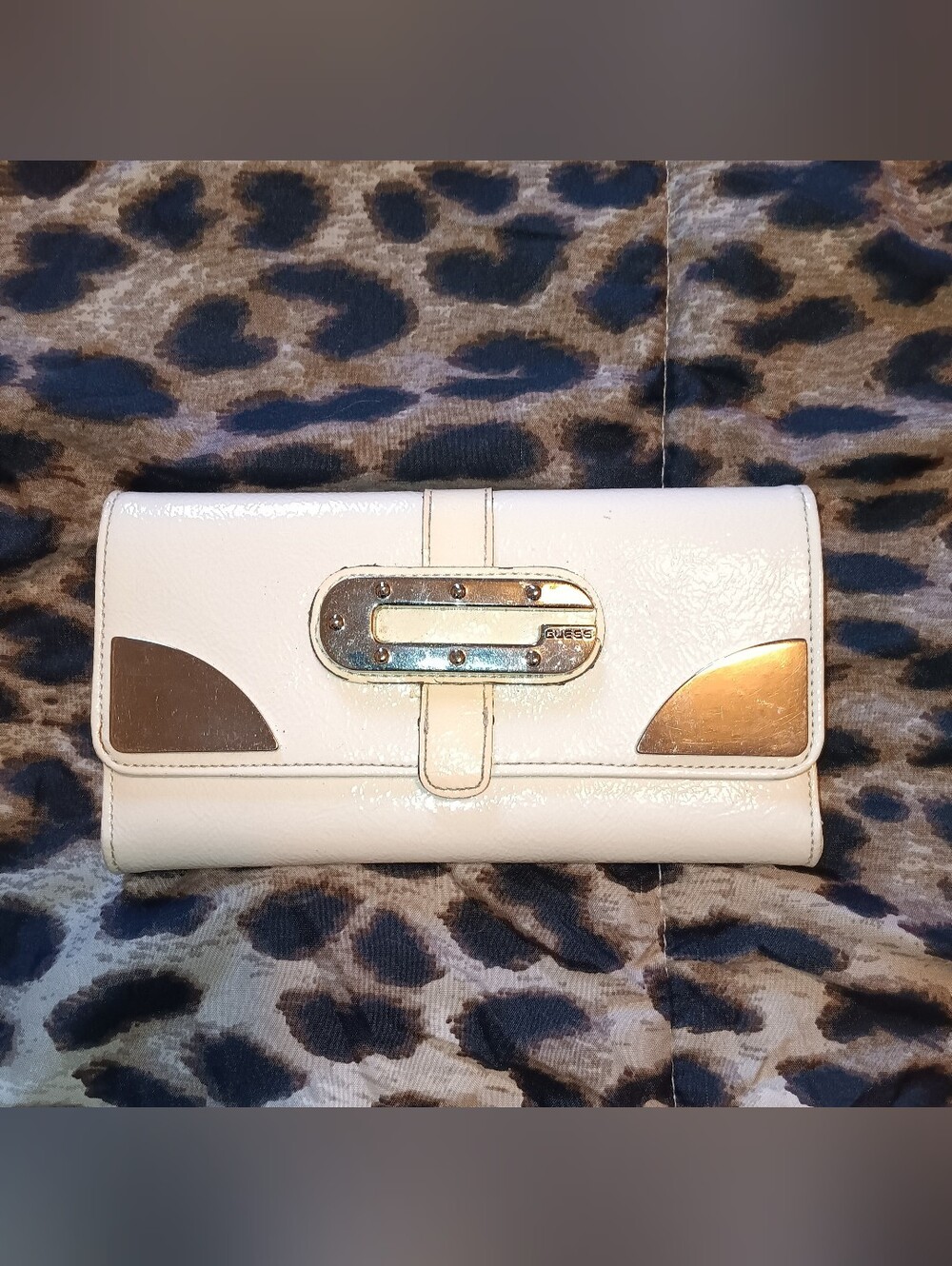 GUESS White Patent Clutch with Gold Accents